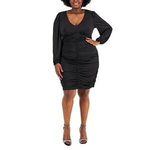 Emerald Sundae Black Stretch Ruched Bodycon Long Sleeve V-Neck Dress Plus 18 NWT